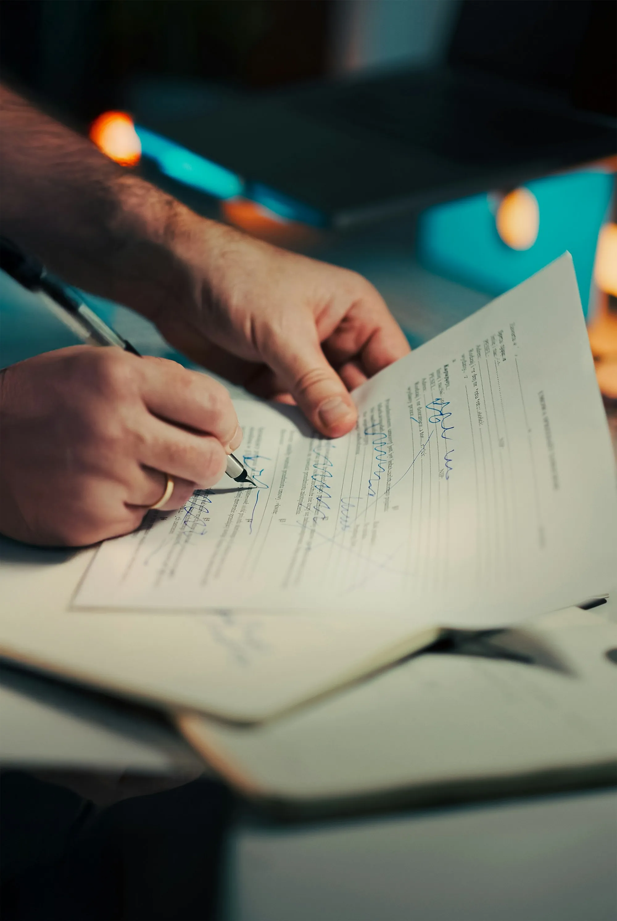 Hand writing a signature on a printed form